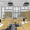 Public Office Space Open Layout with Wooden Desks Computers Table Lamps Bookshelves and Large Windows