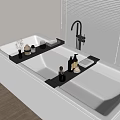 Modern Bathroom Accessories on Bathtub Shelves with Toiletries Towels and Decorative Pieces