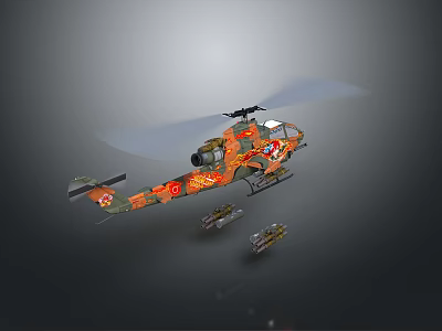 Detailed Colorful Military Helicopter Model With Patterned Body And Small Accessories 3d model