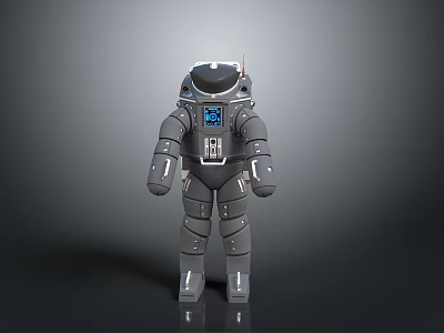Man in Gray Astronaut Spacesuit With Blue Chest Screen Standing on Dark Background 3d model