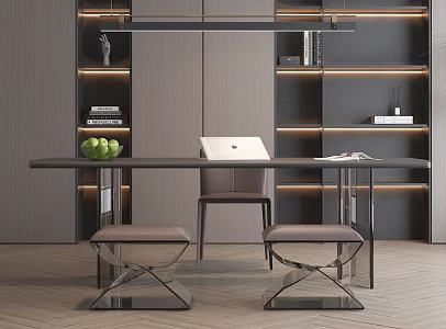 Modern Style Desk Chair Carpet Chandelier Bookcase 3d model