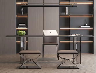 Modern Style Desk Chair Carpet Chandelier Bookcase 3d model