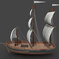 Wooden Sailing Ship With White Sails And Multiple Masts Classic Design 3d model