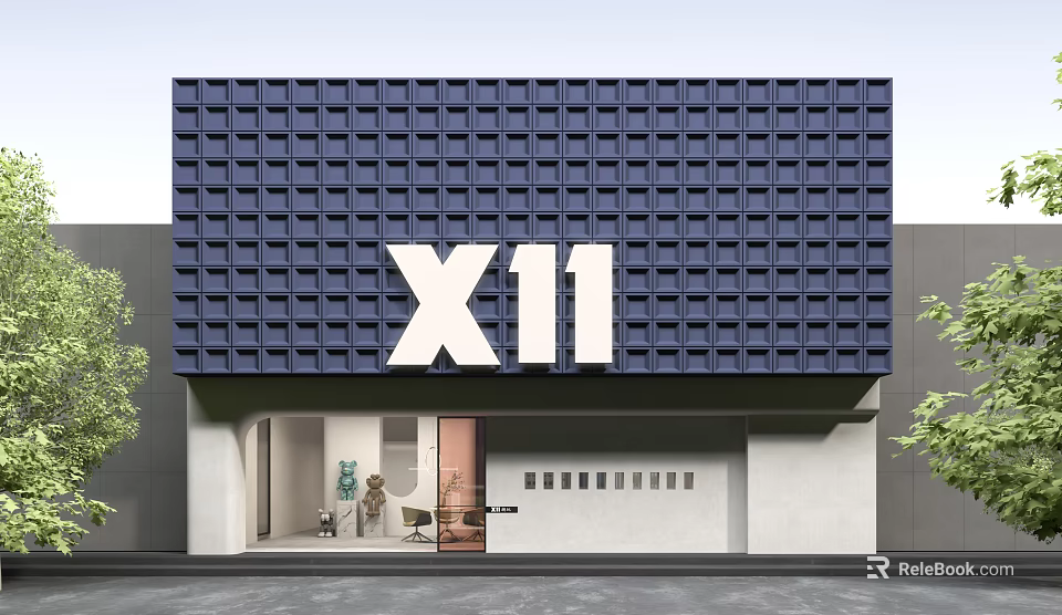 Modern Storefront with Dark Blue Grid Design White X11 Logo and Light Colored Wall Entrance 3d model 