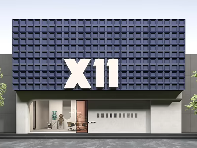 Modern Storefront with Dark Blue Grid Design White X11 Logo and Light Colored Wall Entrance 3d model