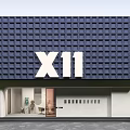 Modern Storefront with Dark Blue Grid Design White X11 Logo and Light Colored Wall Entrance
