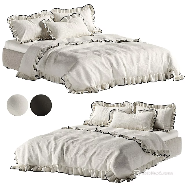Background Double Bed With White Linen Bedding Ruffled Edges Pillows And Color Options 3d model 