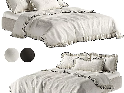 Background Double Bed With White Linen Bedding Ruffled Edges Pillows And Color Options 3d model