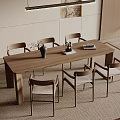 Modern Minimalist Dining Table Set with Six Wooden Chairs Vase Decor and Books in Interior