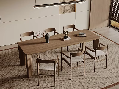 Modern Minimalist Dining Table Set with Six Wooden Chairs Vase Decor and Books in Interior 3d model