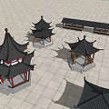 Traditional Chinese Architectural Models Including Pavilions Corridors On Square Tile Ground