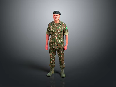 Military Soldier In Camouflage Uniform With Beret Standing Pose And Green Boots 3d model