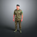 Military Soldier In Camouflage Uniform With Beret Standing Pose And Green Boots