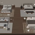 Modern Double Beds In Cozy Bedroom With Wooden Frames Neutral Bedding And Nightstands