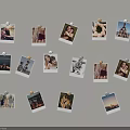 Photo Wall Decorated With Various Photos Attached By Clips On Gray Background