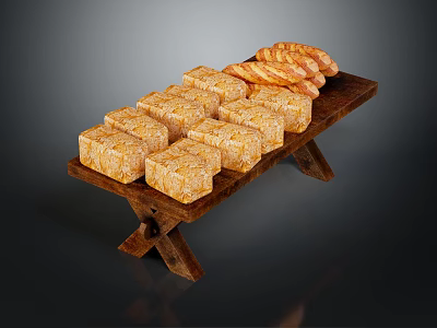 Golden Square Pastries and Twisted Bread Rolls Arranged on Wooden Tray 3d model