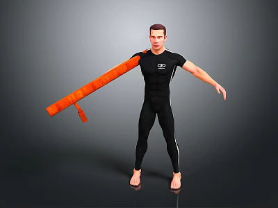 Man Wearing Black Bodysuit Holding Orange Long Object Against Gray Background 3d model