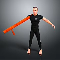 Man Wearing Black Bodysuit Holding Orange Long Object Against Gray Background