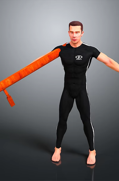 Man Wearing Black Bodysuit Holding Orange Long Object Against Gray Background 3d model Man Wearing Black Bodysuit Holding Orange Long Object Against Gray Background 3d model