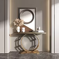 Modern Console Table With Round Decorative Mirror And Ornaments On Sleek Wooden Top