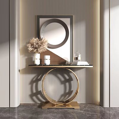 Modern Console Table With Round Decorative Mirror And Ornaments On Sleek Wooden Top 3d model