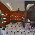 Modern Dessert Shop Interior With Orange Walls Chandelier Cactus Hexagonal Tiles Dessert Displays Pink Decor