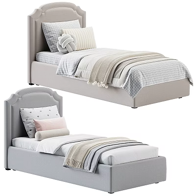 Elegant Single Bed Designs With Upholstered Headboards Decorative Pillows And Striped Blankets 3d model