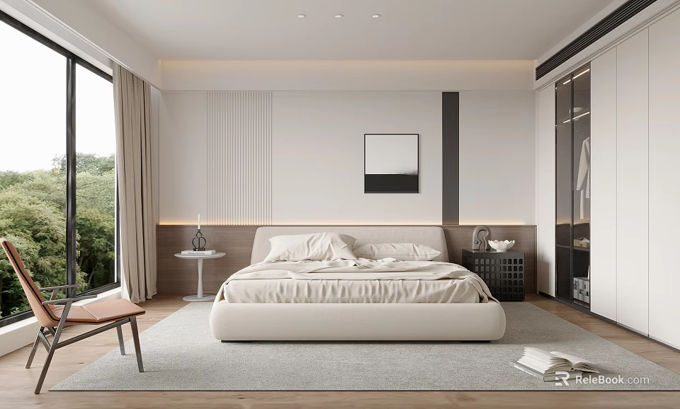 Modern Bedroom Interior Design With White Bed Nightstands Decorative Painting Window Curtains And Area Rug 3d model 