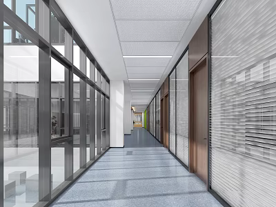 Modern Office Hallway Interior With Glass Partitions Blinds Smooth Flooring And Bright Lighting 3d model