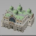 Classical Style Building With Green Domes White Exterior And Arched Windows 3d model
