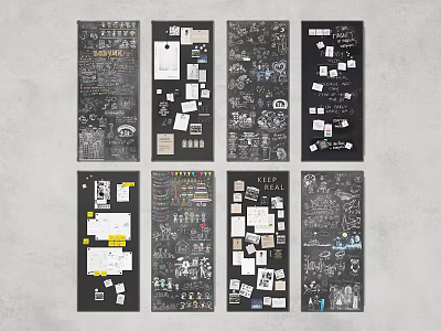 Creative Black Design Boards With Sticky Notes Sketches And Visual Ideas 3d model