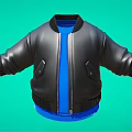 Black Leather Jacket with Blue Inner Layer Front Zipper Closure Ribbed Cuffs and Hem Pockets 3d model