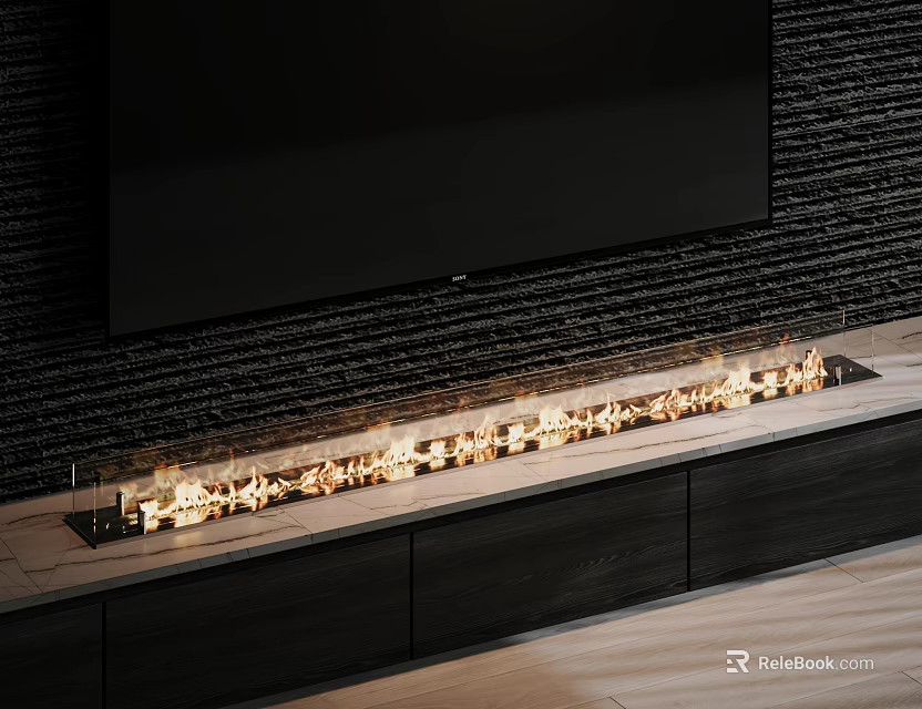 Modern Linear Fireplace With Burning Flames On Black Textured Wall And Storage Cabinets 3d model