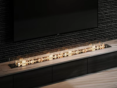Modern Linear Fireplace With Burning Flames On Black Textured Wall And Storage Cabinets 3d model
