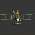 Vintage Green Biplane Model With Orange Accents And Cosmic Flame Design For Aerospace Decor