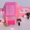Pet Alliance Pink Building with Pet Management Sign Dogs and People Around