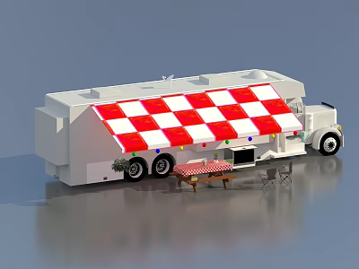 White Mobile Food Truck With Red And White Checkered Awning And Outdoor Table Chairs 3d model