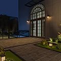 Nighttime Garden Landscape At Building Entrance With Arched Glass Door Wall Lamps And Greenery