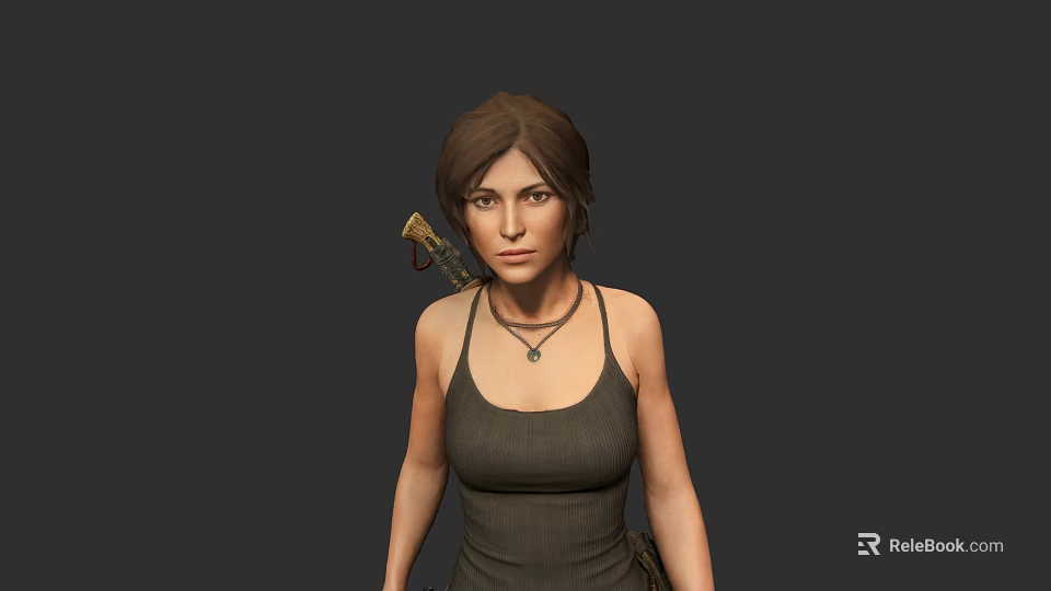 Game Movie Character With Brown Hair Dark Tank Top Necklace And Bow On Back 3d model 