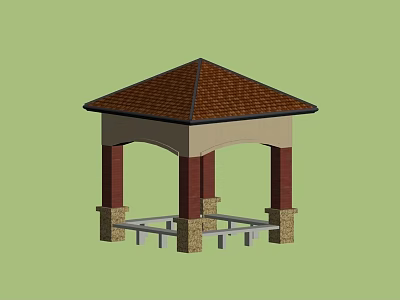 Outdoor Gazebo Structure Featuring Brown Tiled Roof Red Pillars And Bench 3d model