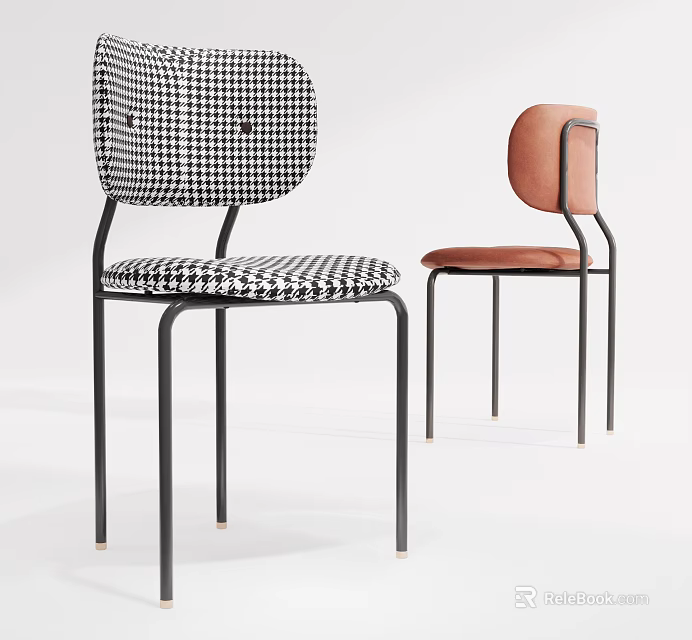 Modern Upholstered Dining Chairs With Houndstooth Pattern And Pink Seat Metal Legs 3d model