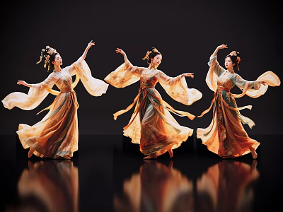 Game Film Characters In Traditional Costumes With Classical Hairstyle And Flowing Robes Dancing 3d model