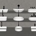 Various Modern Bathroom Sinks With Faucets In Different Shapes On Gray Steps