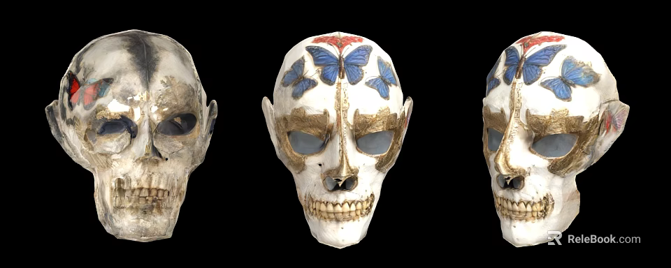 Creative Decorative Skull Masks Featuring Colorful Butterfly And Gold Accents 3d model 
