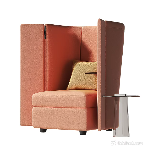 Coral Colored Single Sofa With High Back Design Yellow Cushion And Clear Side Table 3d model