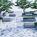 Tree Planters Design With Trees Benches And Stone Tile Pavement 3d model