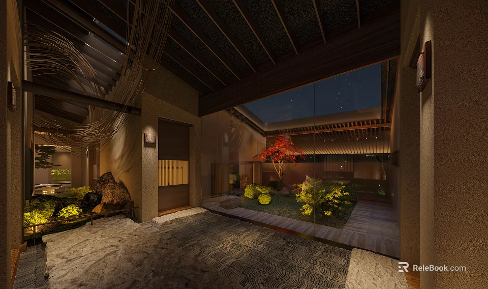 Japanese Style Teahouse Courtyard Night View With Wooden Structure Red Maple Tree And Stone Path 3d model 