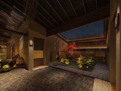 Japanese Style Teahouse Courtyard Night View With Wooden Structure Red Maple Tree And Stone Path 3d model