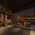 Japanese Style Teahouse Courtyard Night View With Wooden Structure Red Maple Tree And Stone Path