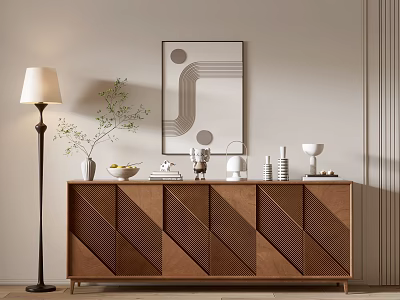 Modern Brown Entryway Console Cabinet With Geometric Pattern Decorations Vase Bowl Books Sculpture Floor Lamp 3d model